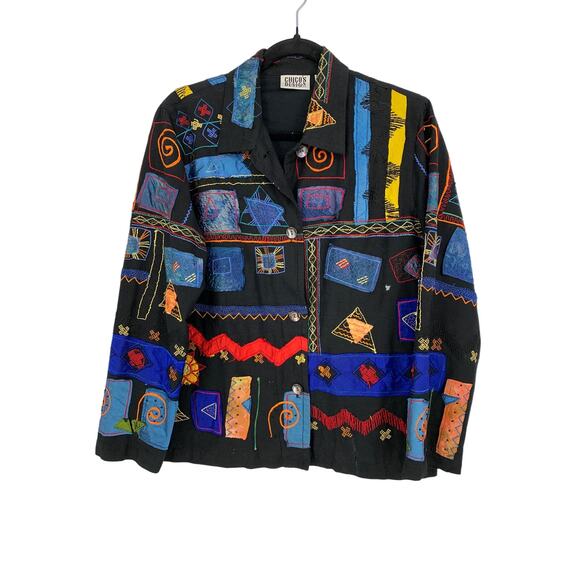 Chicos Blazer Jacket Womens 1 US M Art To Wear Patchwork Multicolor Geometric - Picture 1 of 5
